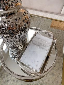Marble Coasters W/ Silver Trim And Tray Set