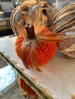 Orange Crochet Pumpkin With Feathers And Wood Stem