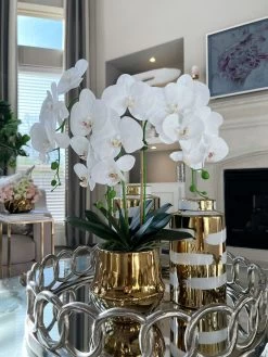 White Faux Orchid In Shiny Gold Pot "From Pops Of Color Home Collection"