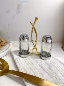 Glass Salt & Pepper Shakers W/ Gold Metal Branch Holder