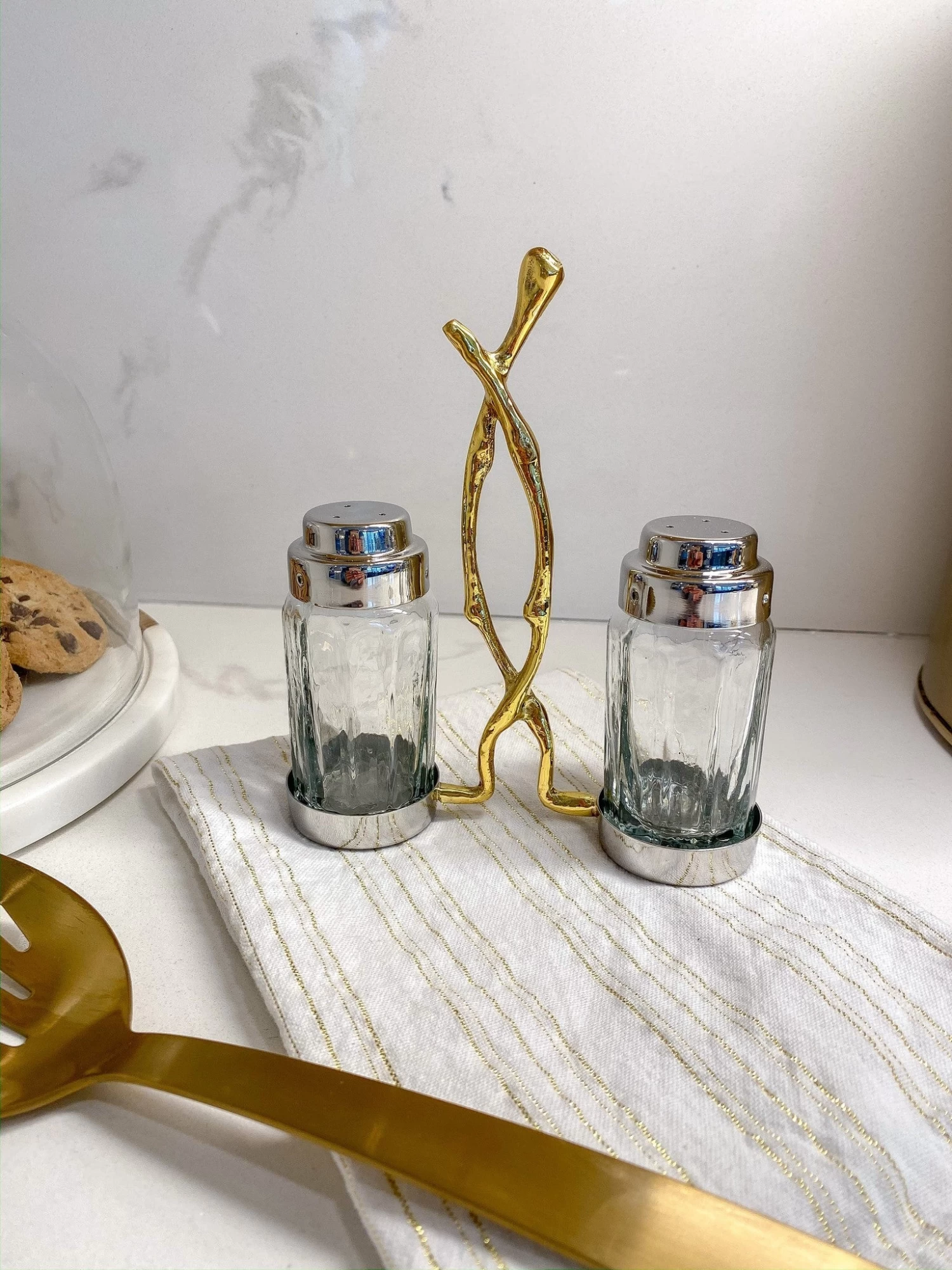 Glass Salt & Pepper Shakers W/ Gold Metal Branch Holder 3 Glass Salt & Pepper Shakers W/ Gold Metal Branch Holder