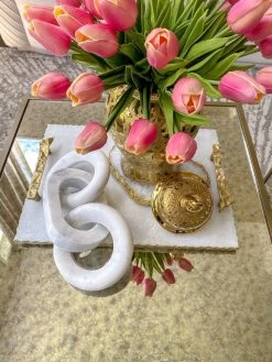 White Marble Tray With Gold Textured Handles And Edge