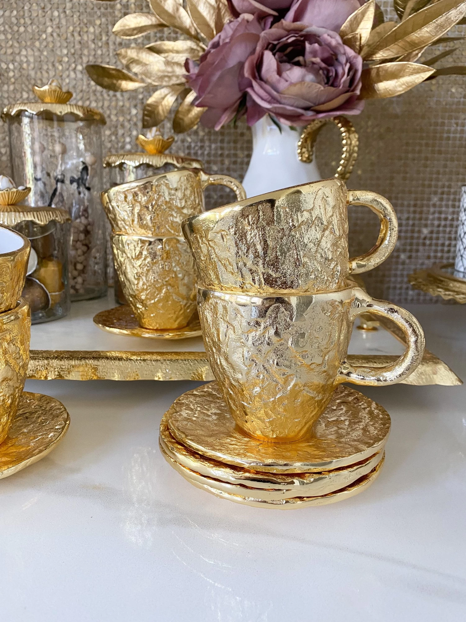 Gold Textured Metal Tea Cup And Saucer With White Interior 5 Gold Textured Metal Tea Cup And Saucer With White Interior - Image 3