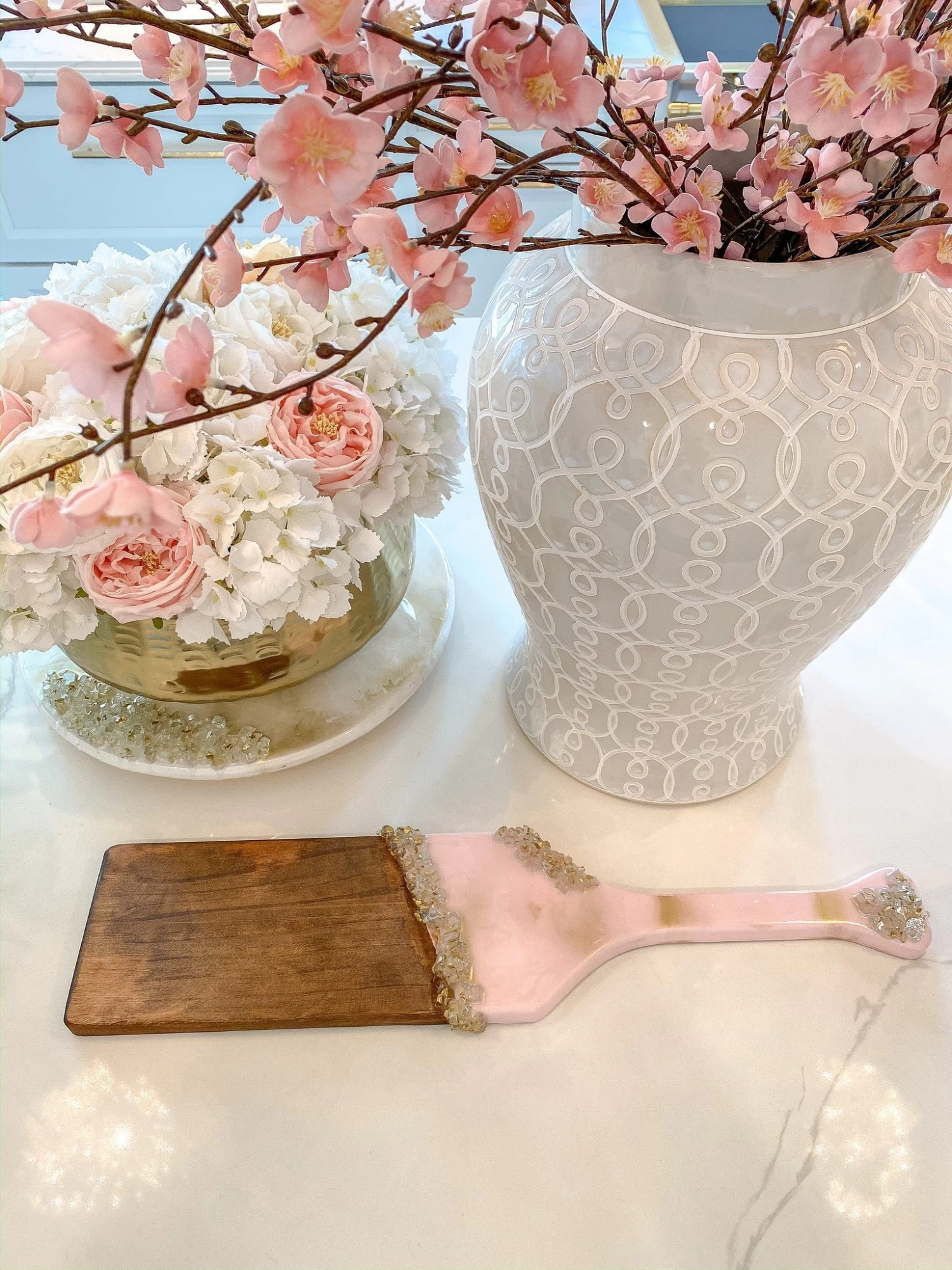 Gold Leaf And Pink Resin Wood Paddle Serving Board 3 Gold Leaf And Pink Resin Wood Paddle Serving Board