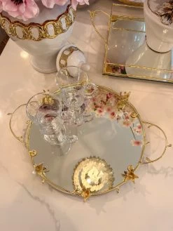 Round Mirrored Tray With Gold Flower Design