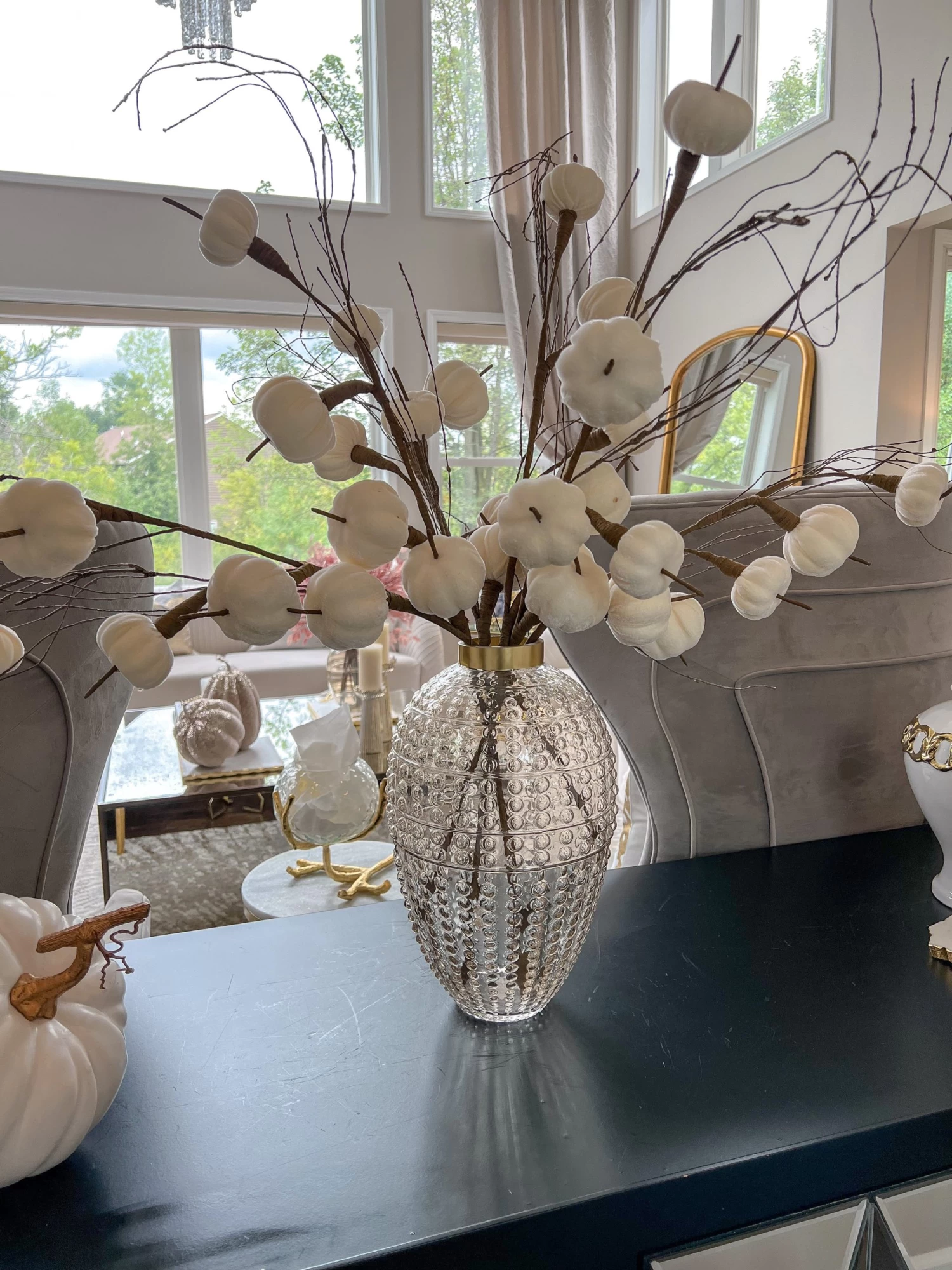 38" Mini Fall Cream Velvet Pumpkin Stem 3 38" Mini Fall Cream Velvet Pumpkin Stem