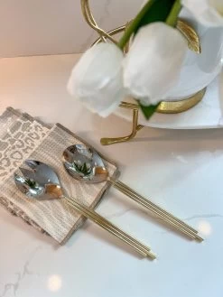 Set Of 2 Salad Servers With Gold Diamond Design