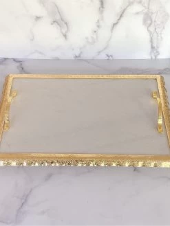 Large Rectangular Marble Tray With Gold Metal Handles And Gold Ruffle Border -Home Essentials Shop image 5230a13a 4f21 4eb8 a1cc 681c83a3732a new 1