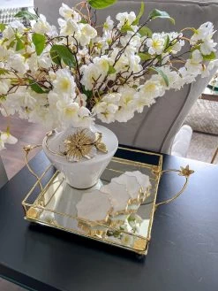 Square Mirrored Tray With Gold Flower Design