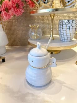 White Honey Bee Jar With Wood Dipper