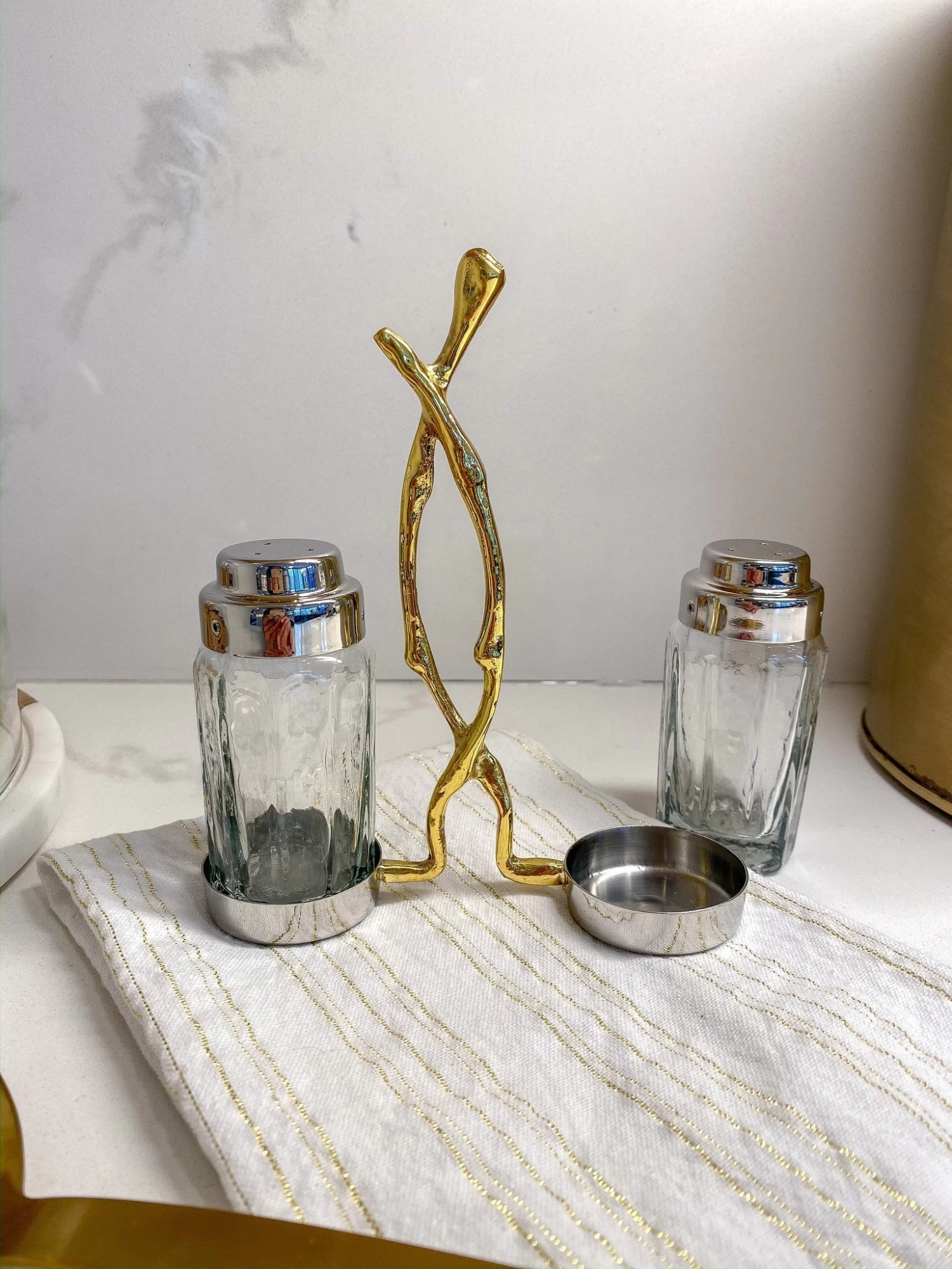 Glass Salt & Pepper Shakers W/ Gold Metal Branch Holder 4 Glass Salt & Pepper Shakers W/ Gold Metal Branch Holder - Image 2