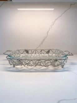 Rectangular Silver Handled Pyrex Holder With Leaf Design