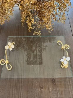 Large Glass Rectangular Tray With Intricately Detailed Gold Handles From The White Jeweled Flower Collection