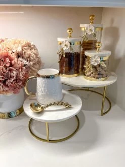 Set Of 2 Nesting Marble Cake Stands With Gold Metal Base