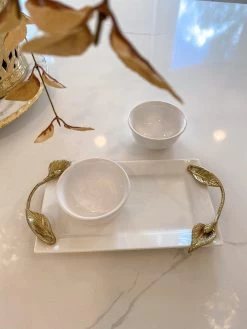 White Ceramic Tray With Serving Bowls And Gold Leaf