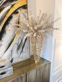 Large Gold Metal Vase With Intricate Cut Out Details