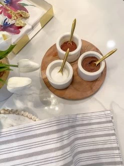 Set Of 3 Marble Spice Bowls W/ Gold Spoons And Wood Base