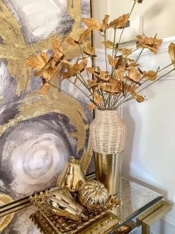 Rattan Wicker Vase With Gold Metal Base