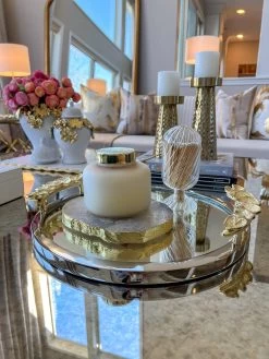 Large Round Decorative Mirror Tray With Gold Petal Handle Details