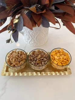 Gold Ripple Edge Serving Tray With 3 Glass Bowls