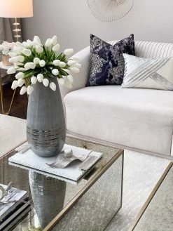 Marble Tray W/ Silver Edge And Textured Handles