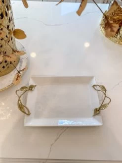 White Ceramic Tray With Gold Leaf Handles