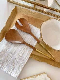 Wood Salad Servers W/ Gold Metal Handle