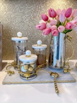 Gold Or Silver Metal Leaf Branch W/ Marble Ball Lid Canisters- With Metal Rim (3 Sizes & 2 Colors) -Home Essentials Shop image 9d9b4b07 fd37 4f95 beb8 e7a0393c4f14 new