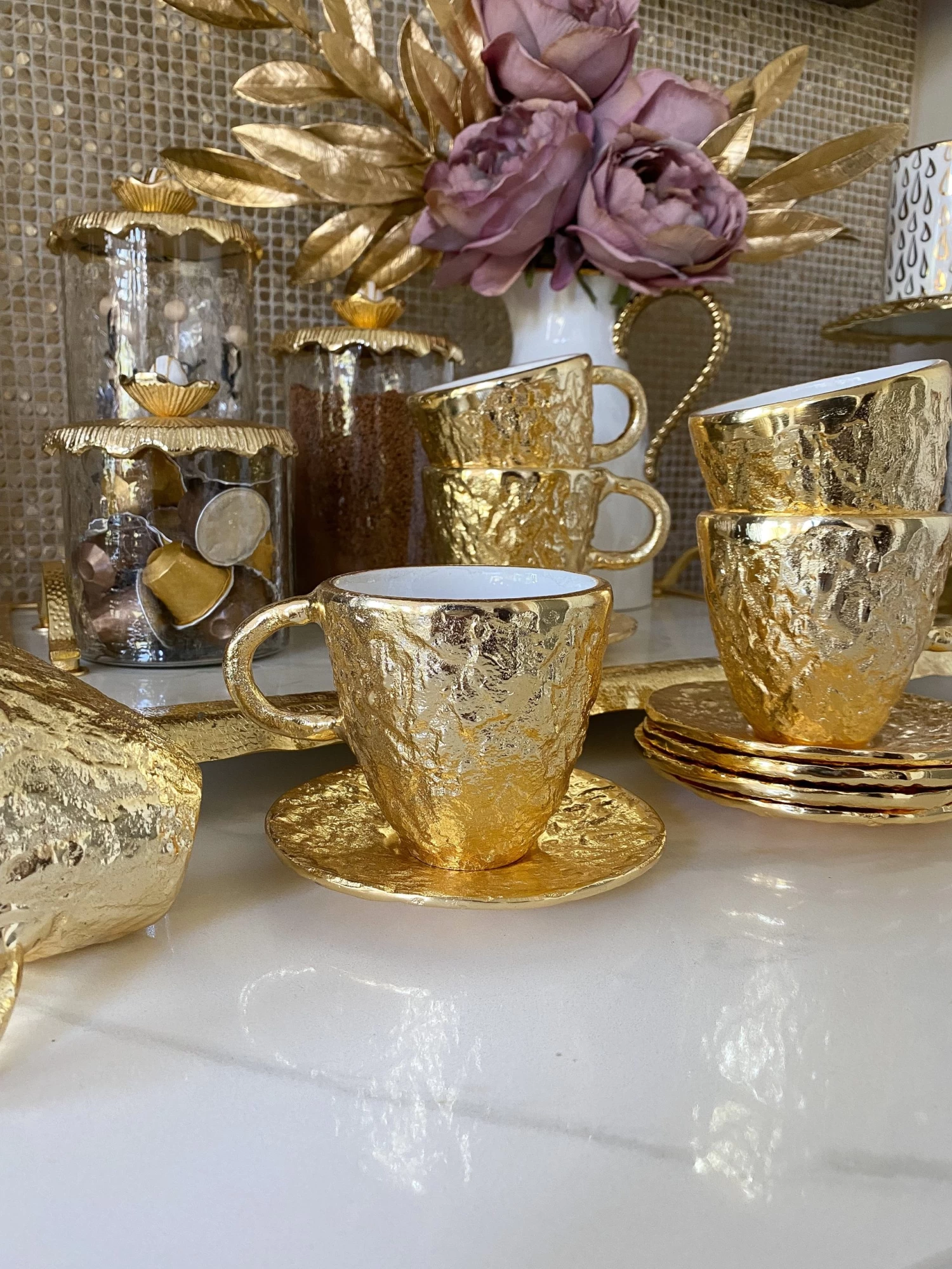 Gold Textured Metal Tea Cup And Saucer With White Interior 7 Gold Textured Metal Tea Cup And Saucer With White Interior - Image 5