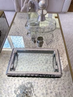Glass Rectangle Tray With Silver Handles And Ruffled Edge