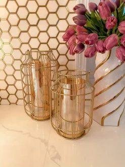 Gold Lantern W/ Amber Glass