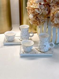 Metallic Gold Marble Print Turkish Coffee & Tea Set With Tray