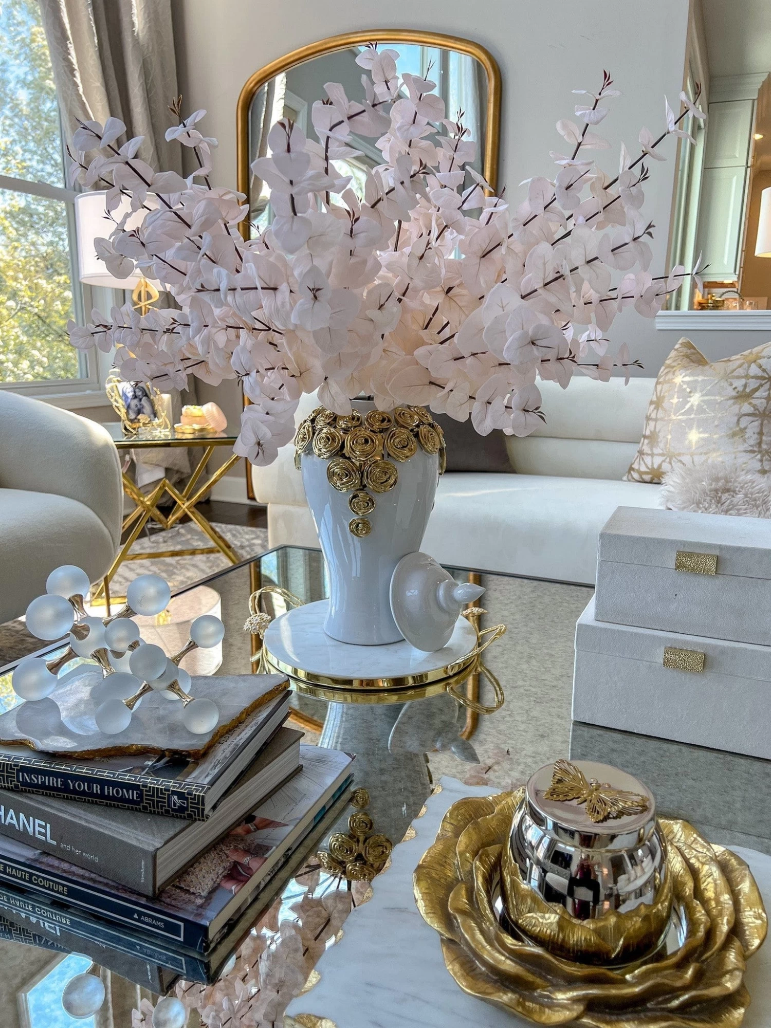 White Ginger Jar With Cascading Gold Floral Details 3 White Ginger Jar With Cascading Gold Floral Details