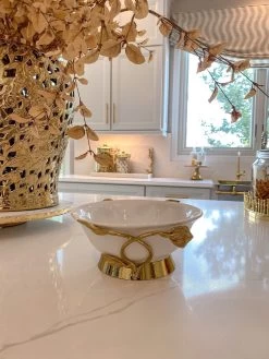 White Ceramic Bowl With Gold Leaf Details And Base (2 Sizes)