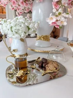 Silver Metal Oval Tray With Gold Leaf Details And A Glass Mug & Dome
