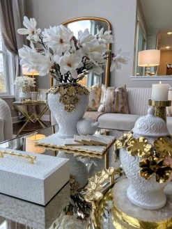 White Textured Ginger Jar With Gold Floral Design (3 Sizes)