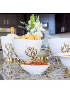 White Ceramic Bowl With Gold Textured Details (2 Sizes) " From Pops Of Color Home Collection"