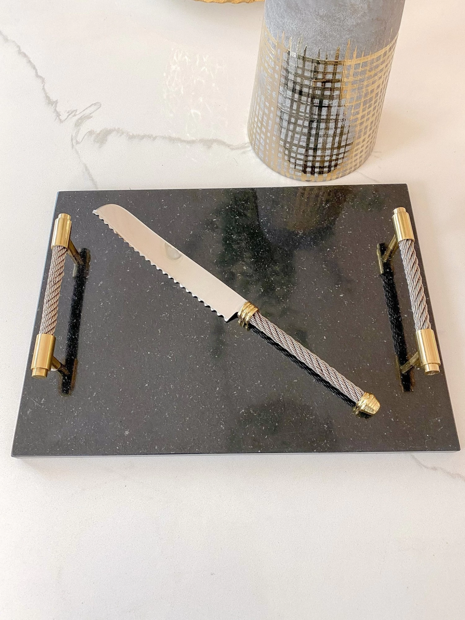 Black Marble Tray W/ Coil Handles And Knife 5 Black Marble Tray W/ Coil Handles And Knife - Image 3