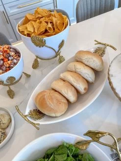 Oblong White Ceramic Bowl With Gold Leaf Details