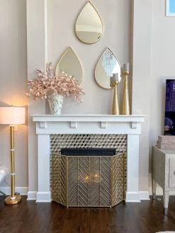 Gold Metal 3 Panel Geometric Fireplace Screen With Chevron Pattern
