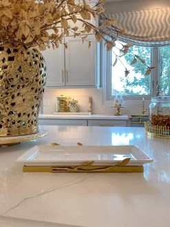 White Ceramic Tray With Gold Base And Leaf Detail